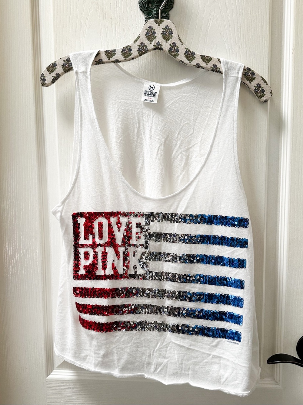 PINK Victoria’s Secret Sequin Flag Tank Top Red, Silver & Blue Size Large